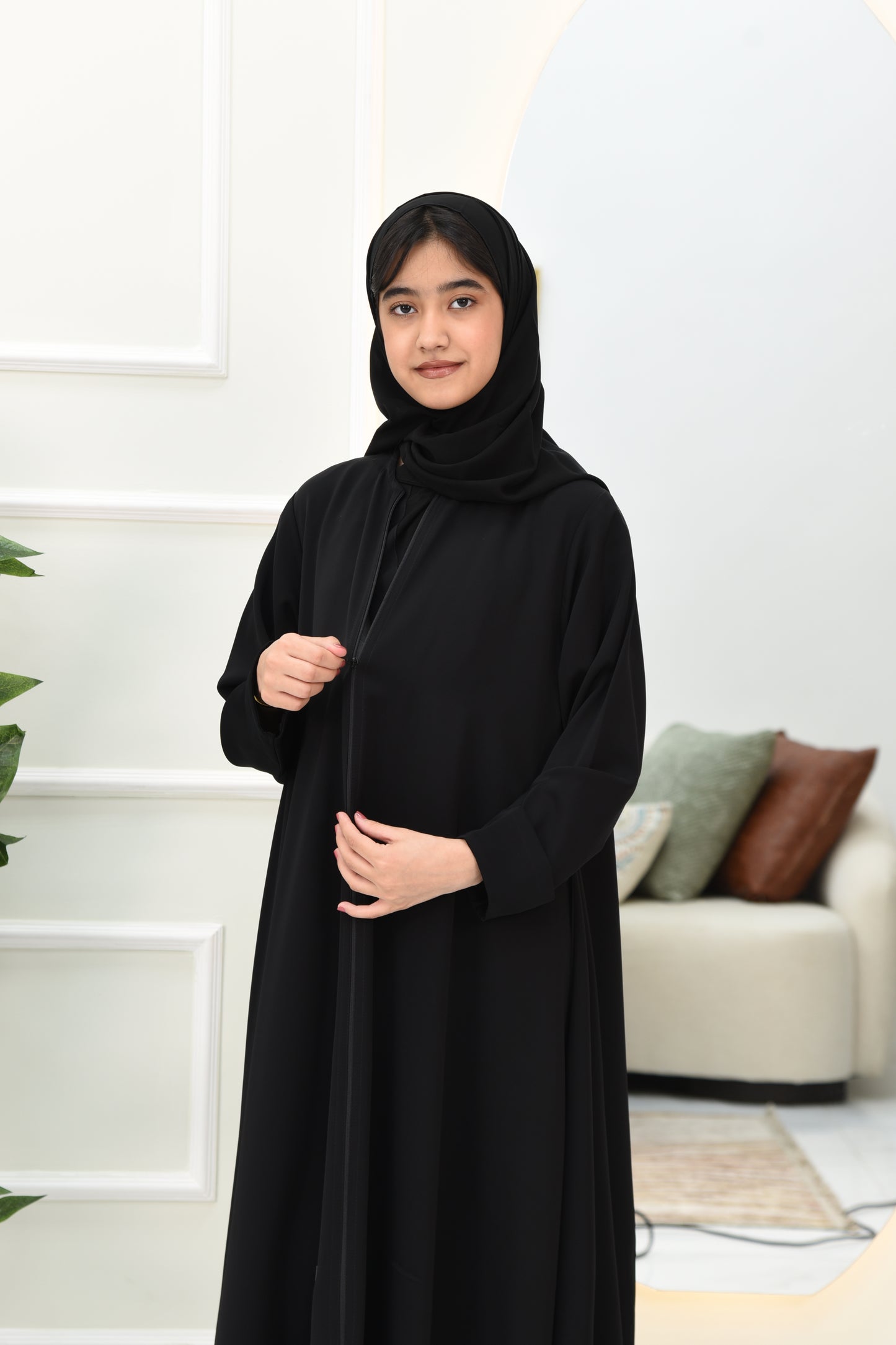 Girls’ Flared Black Abaya with Zipper Closure