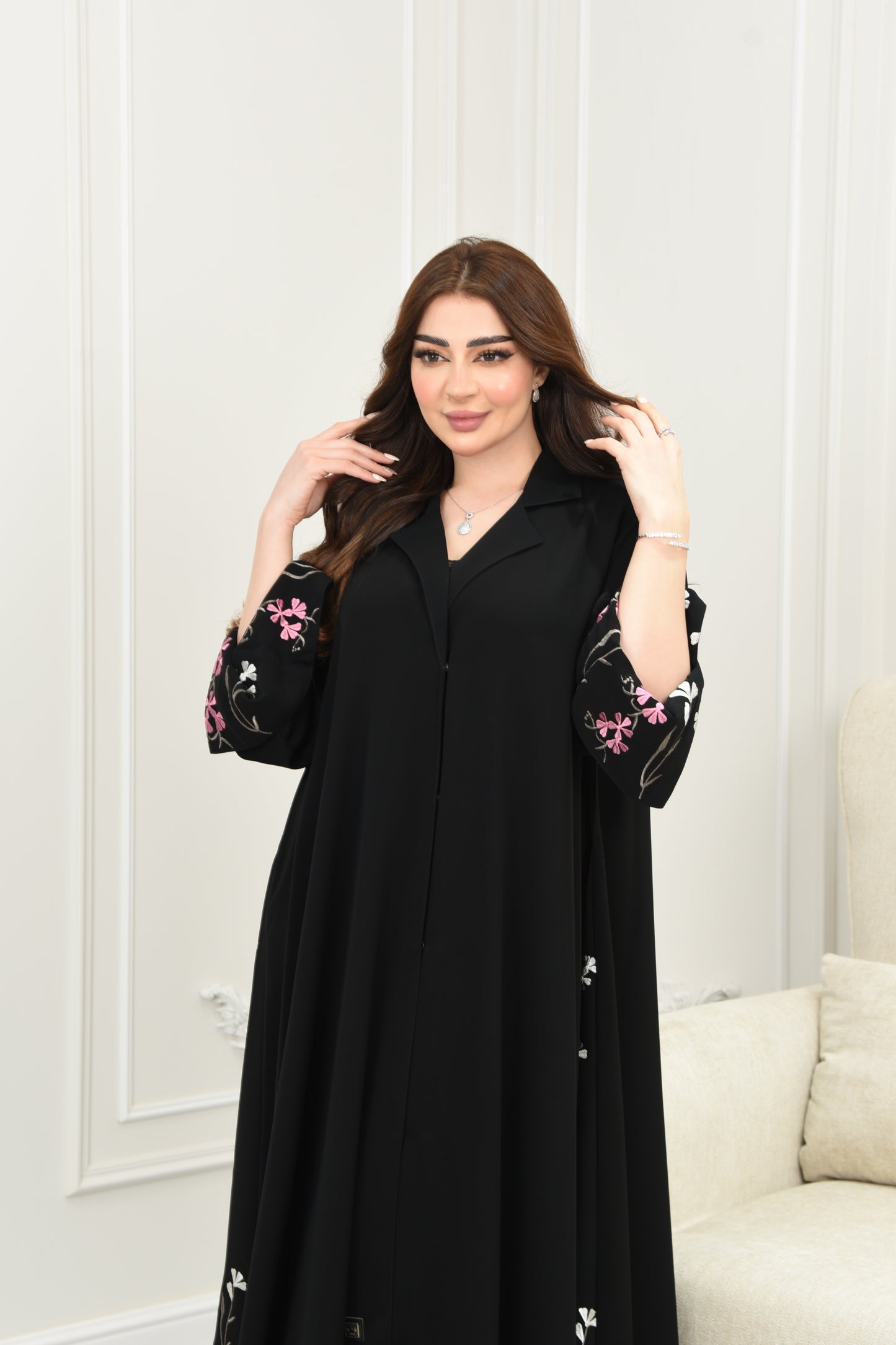 Flared Abaya with Inner Sleeve and Side Floral Embroidery