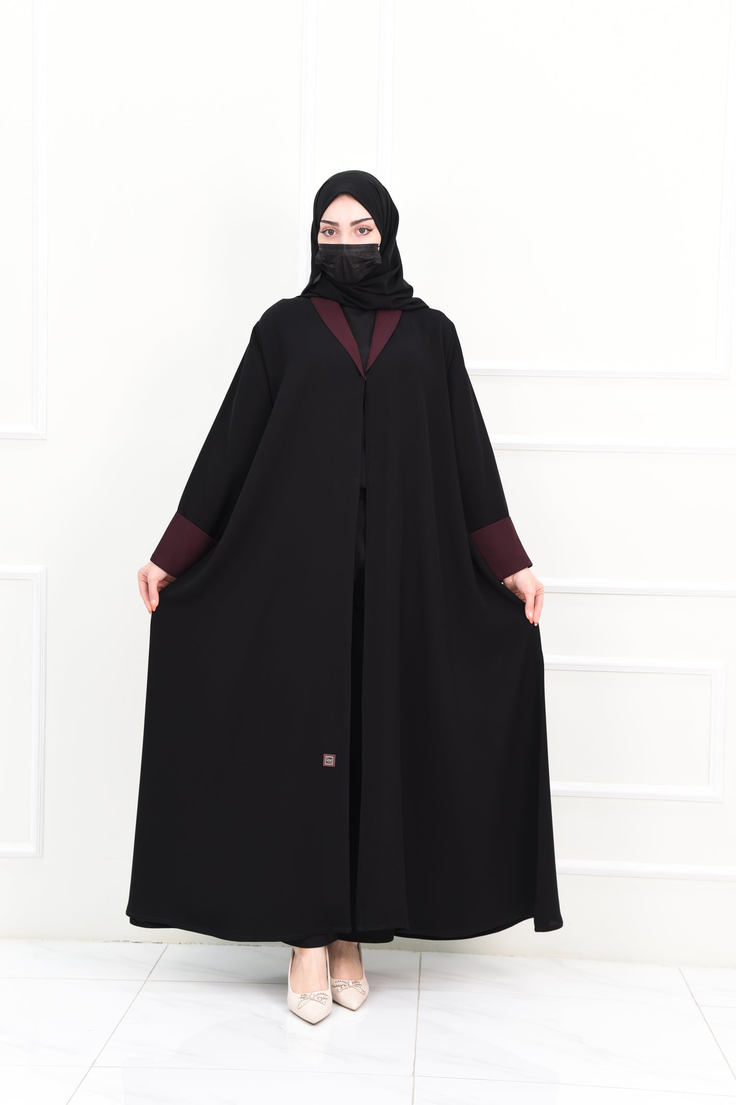 Black abaya with unique burgundy details