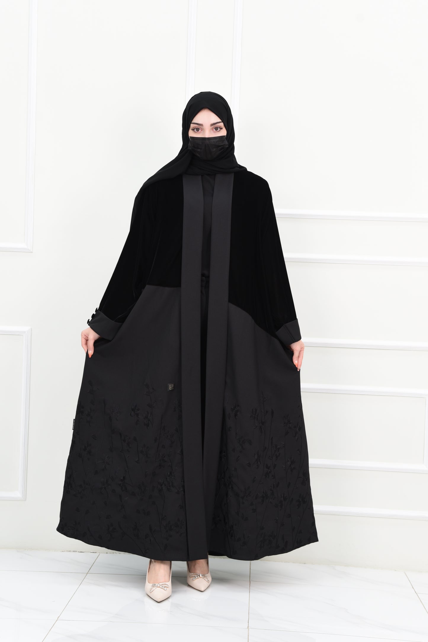 Black Abaya with Velvet Top and Embroidered Bottom