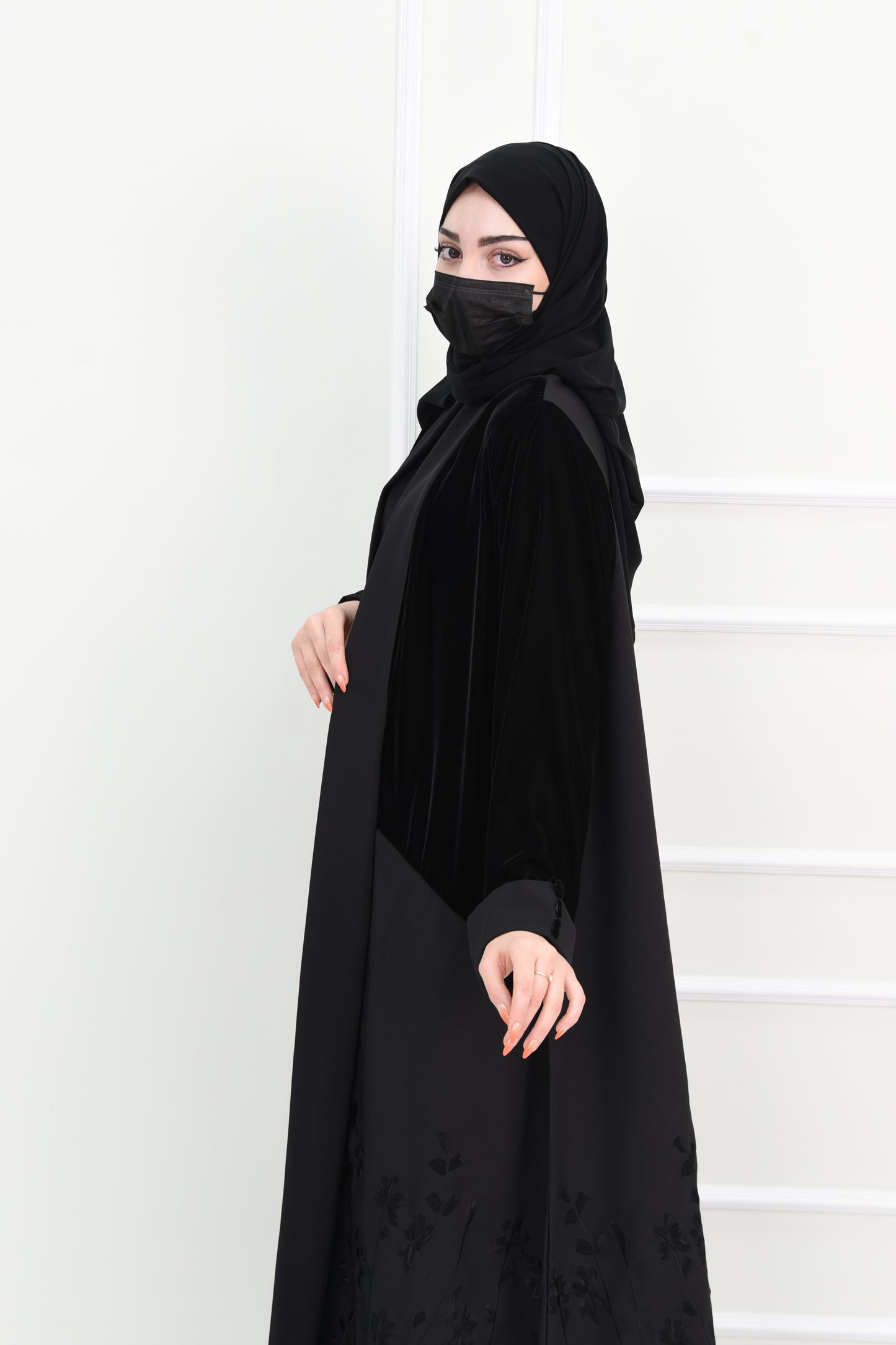 Black Abaya with Velvet Top and Embroidered Bottom