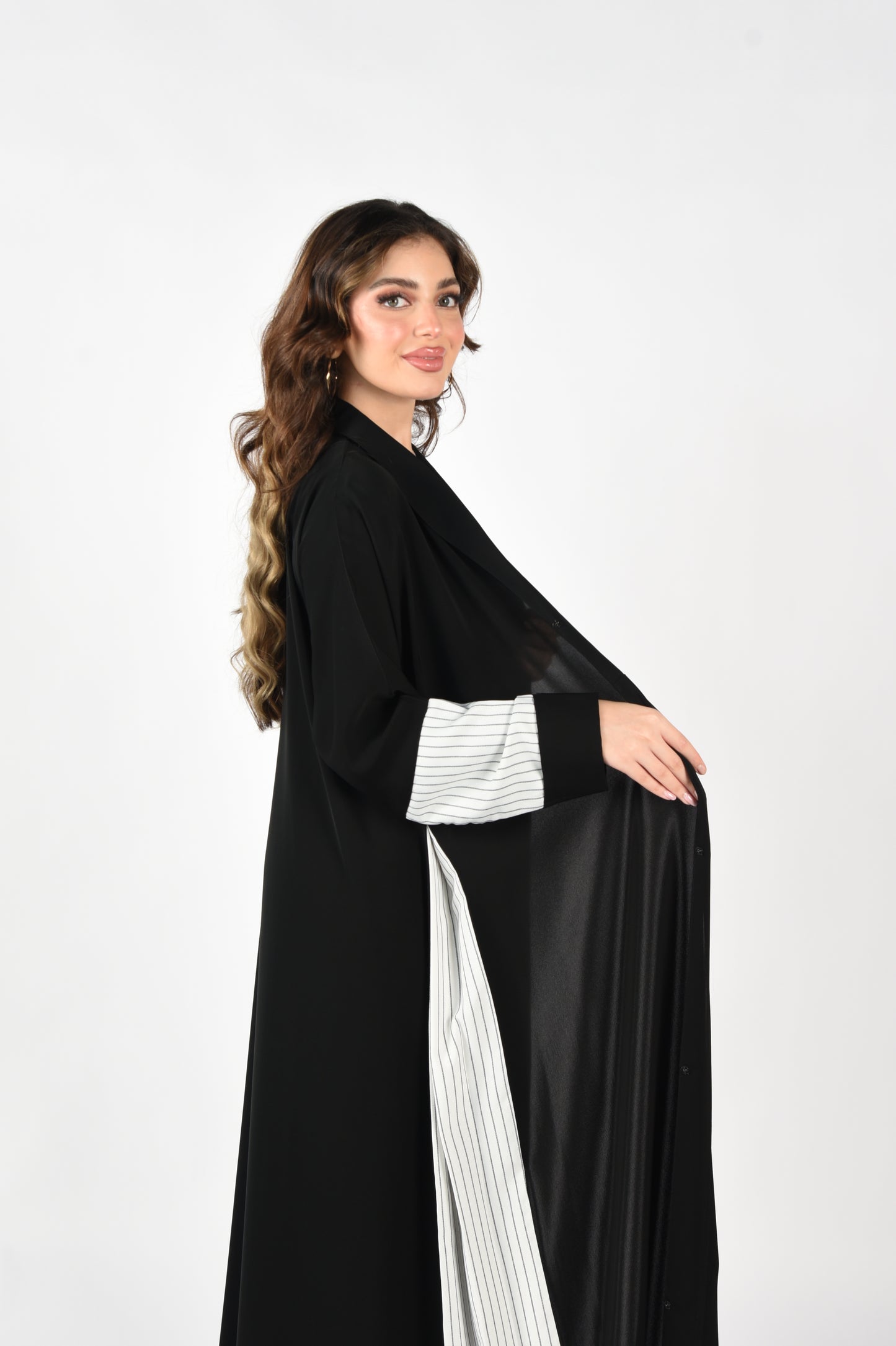 Black Abaya with Black-Striped White Detailing