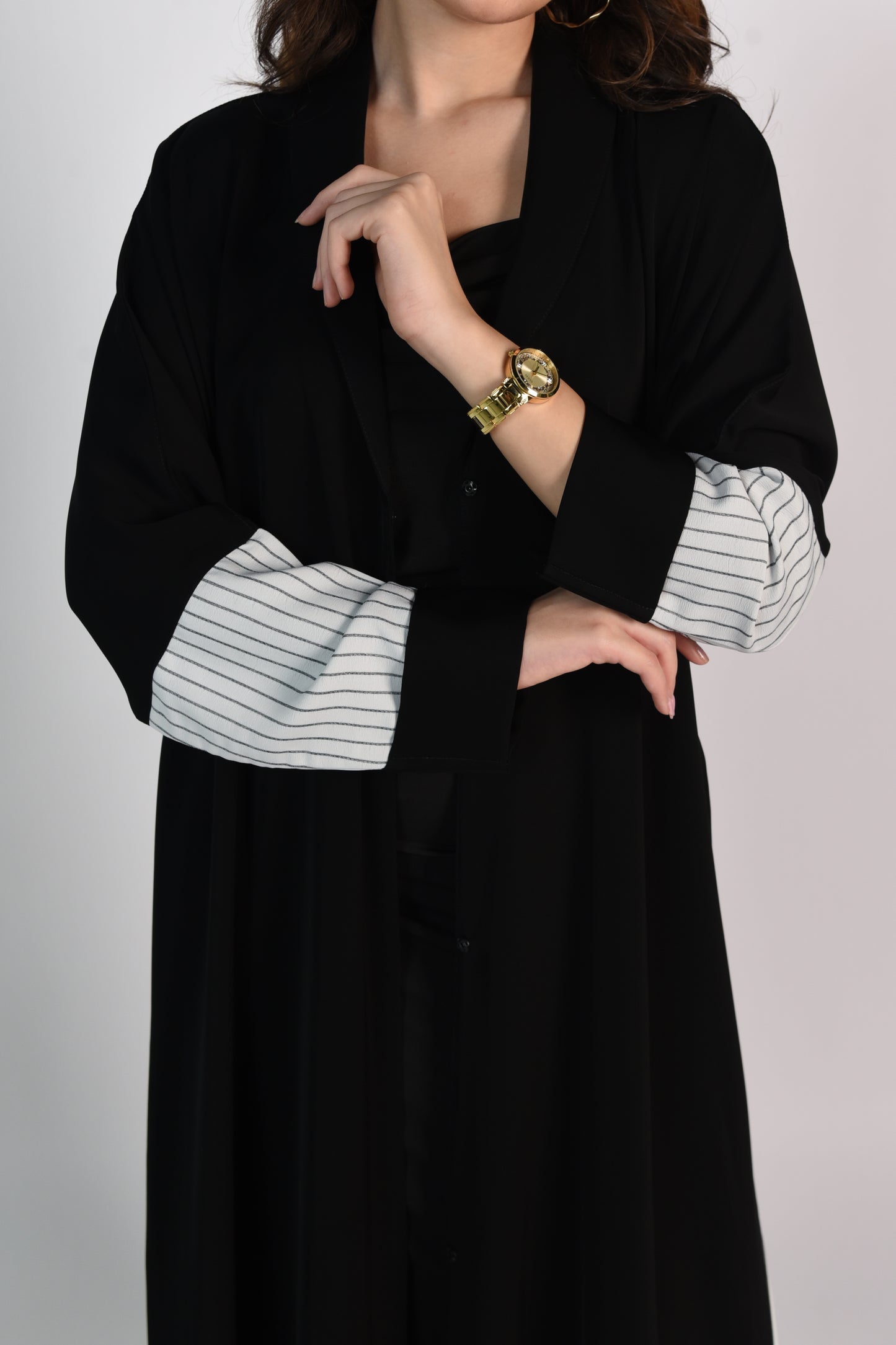Black Abaya with Black-Striped White Detailing