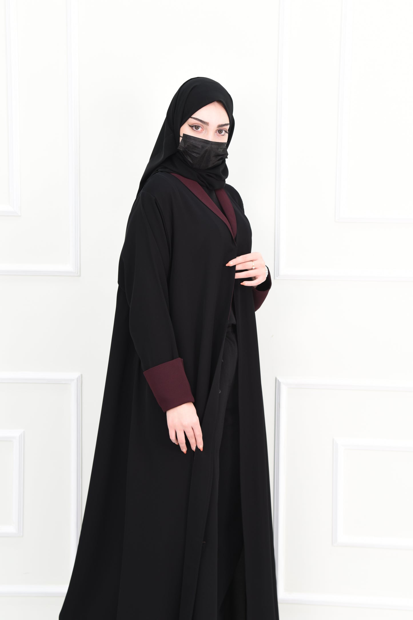 Black abaya with unique burgundy details