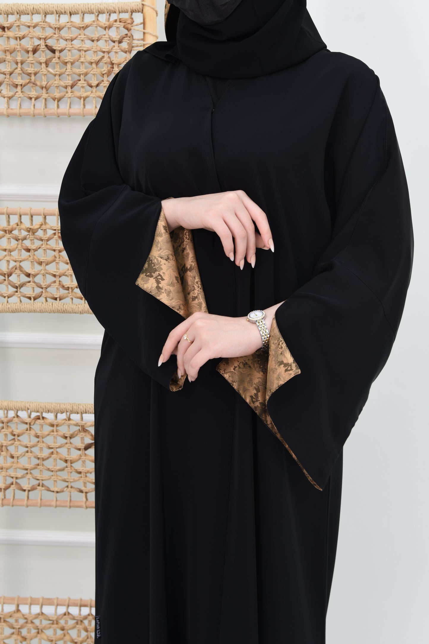 Black Abaya with Brown Jacquard-Lined Open Sleeves