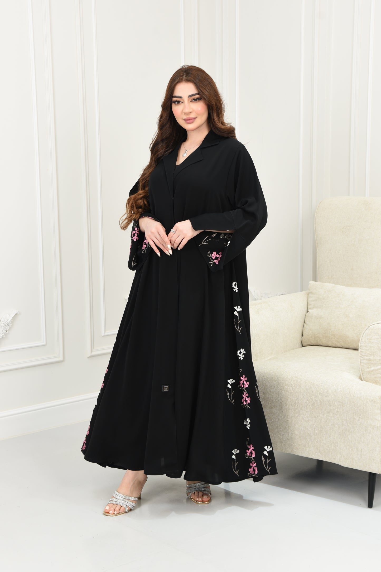 Flared Abaya with Inner Sleeve and Side Floral Embroidery