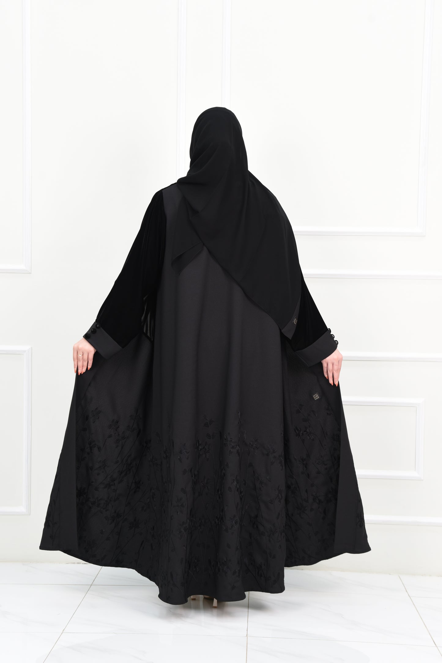 Black Abaya with Velvet Top and Embroidered Bottom