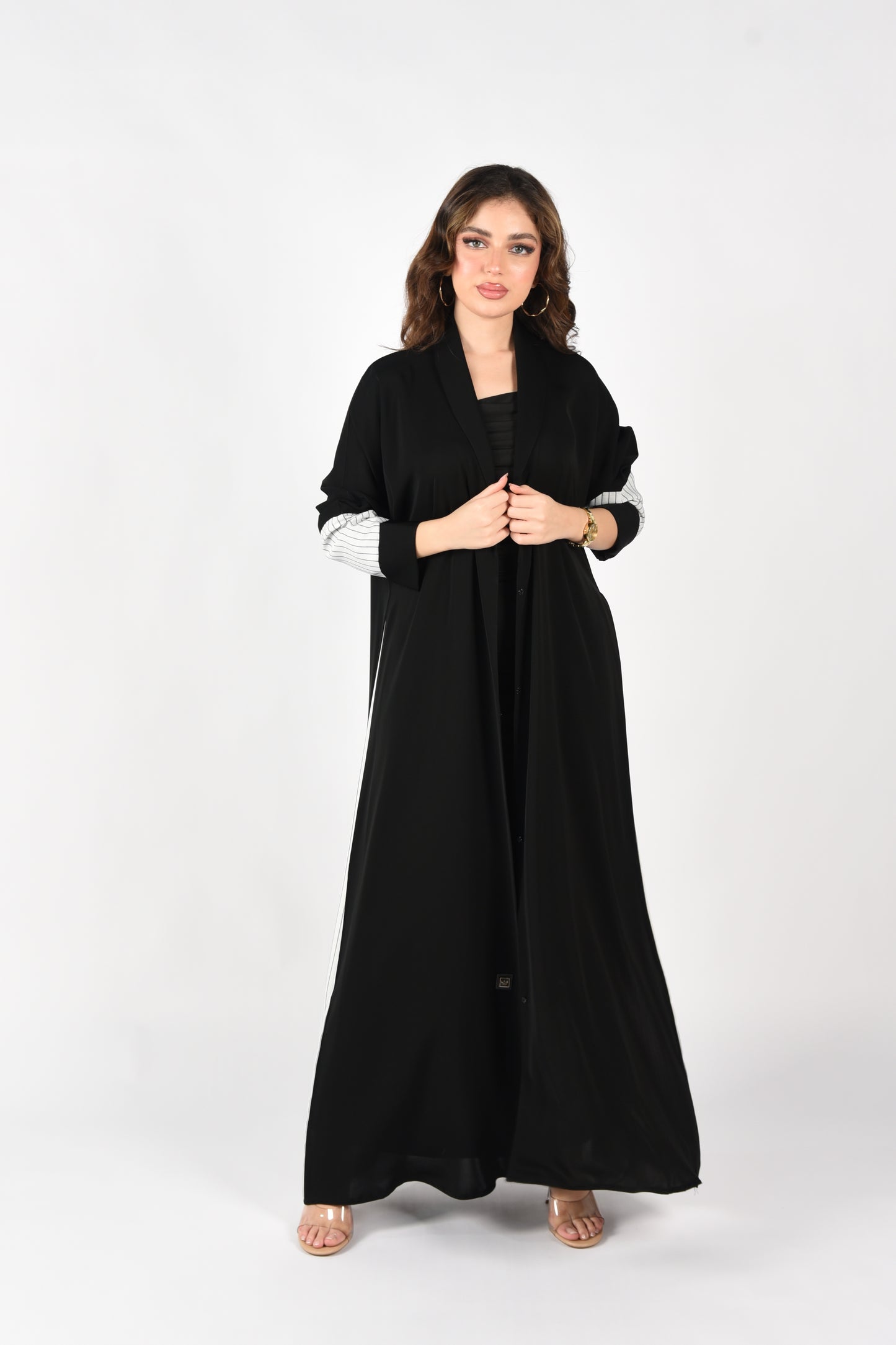Black Abaya with Black-Striped White Detailing