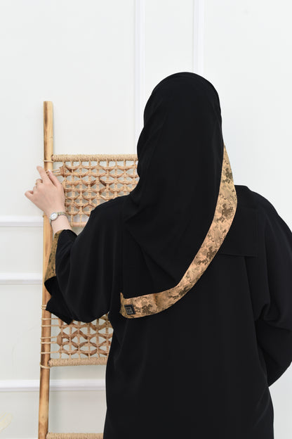 Black Abaya with Brown Jacquard-Lined Open Sleeves