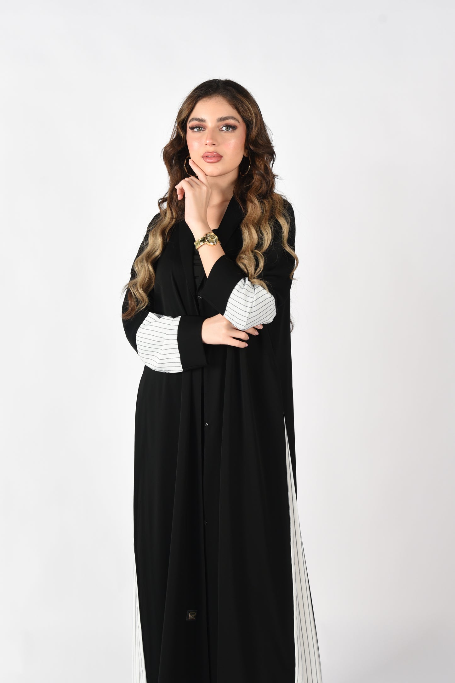 Black Abaya with Black-Striped White Detailing