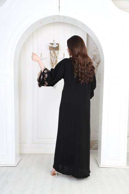 Black abaya with beige embroidery on the sleeves