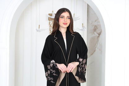 Black abaya with beige embroidery on the sleeves