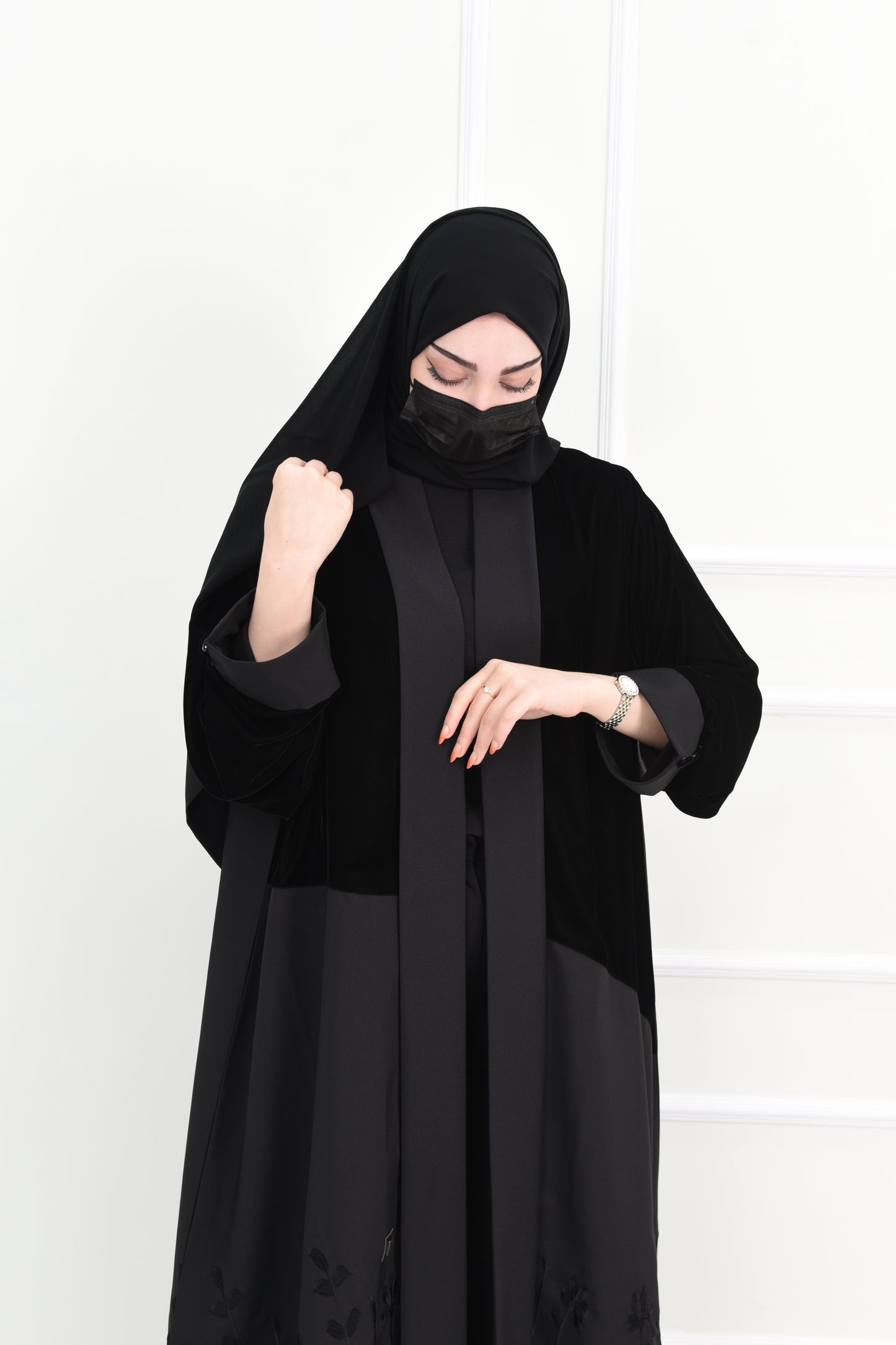 Black Abaya with Velvet Top and Embroidered Bottom