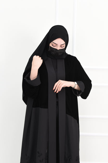 Black Abaya with Velvet Top and Embroidered Bottom