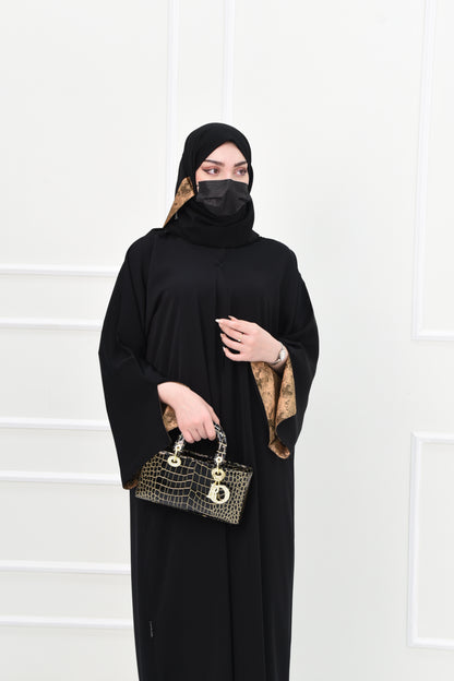 Black Abaya with Brown Jacquard-Lined Open Sleeves