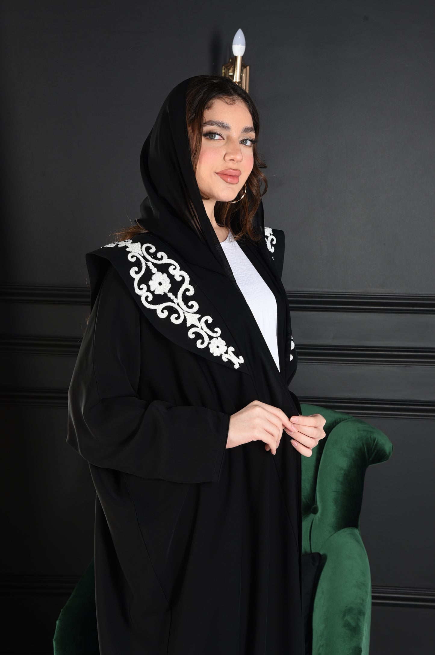 Occasion Abaya with Large Black & White Embroidered Collar