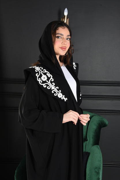 Occasion Abaya with Large Black & White Embroidered Collar