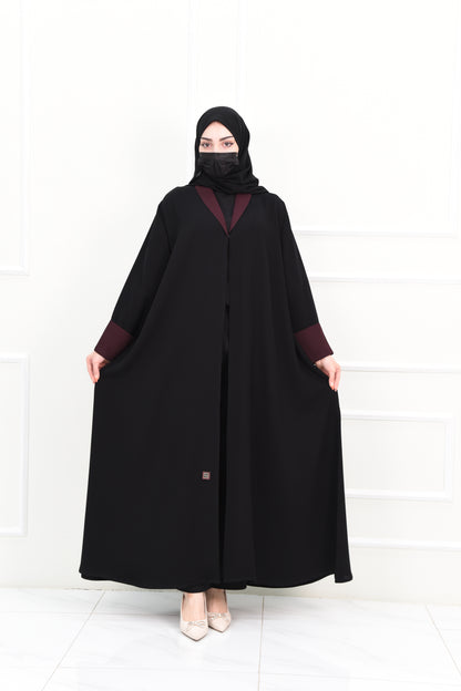 Black abaya with unique burgundy details