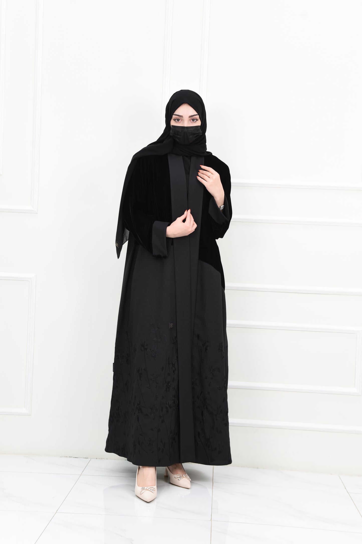 Black Abaya with Velvet Top and Embroidered Bottom