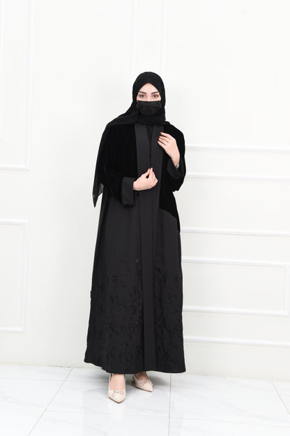 Black Abaya with Velvet Top and Embroidered Bottom