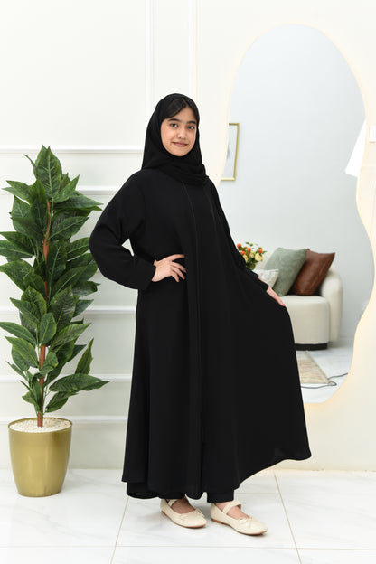 Girls’ Flared Black Abaya with Zipper Closure