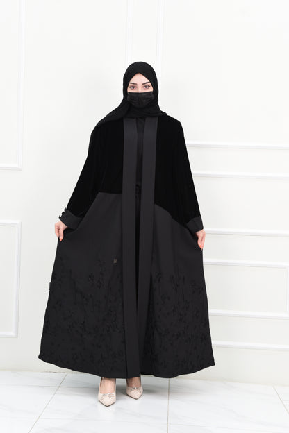 Black Abaya with Velvet Top and Embroidered Bottom
