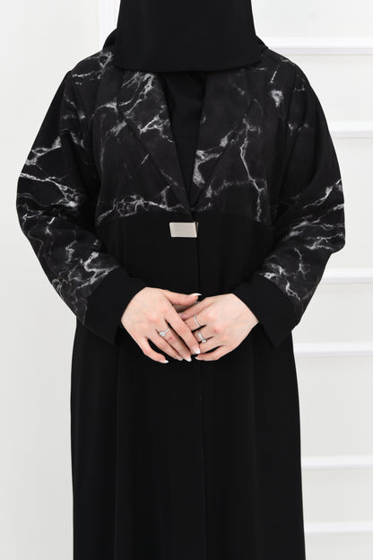 Black Marble-Patterned Abaya with Modern Metallic Clasp