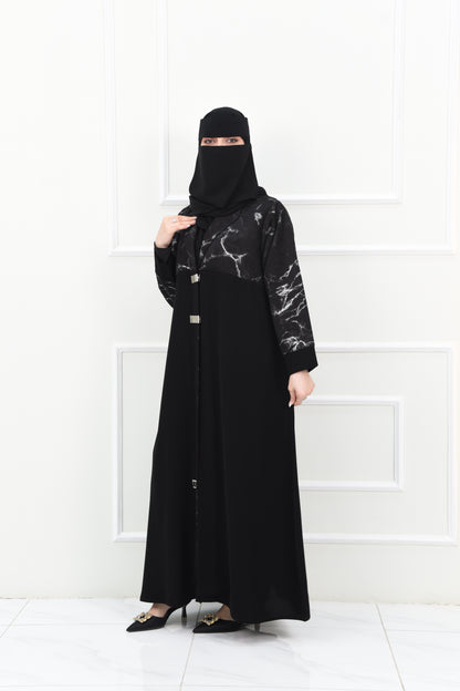 Black Marble-Patterned Abaya with Modern Metallic Clasp
