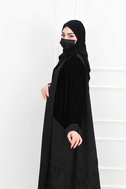 Black Abaya with Velvet Top and Embroidered Bottom