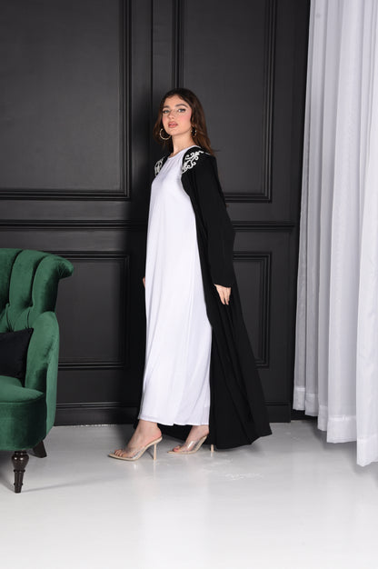 Occasion Abaya with Large Black & White Embroidered Collar