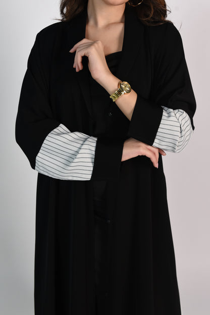 Black Abaya with Black-Striped White Detailing