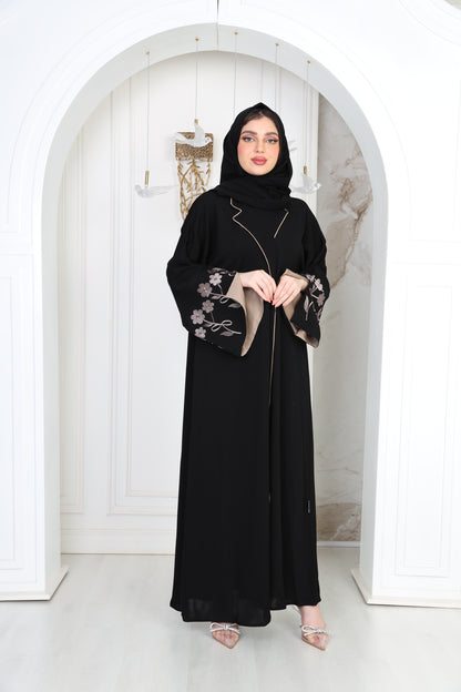 Black abaya with beige embroidery on the sleeves