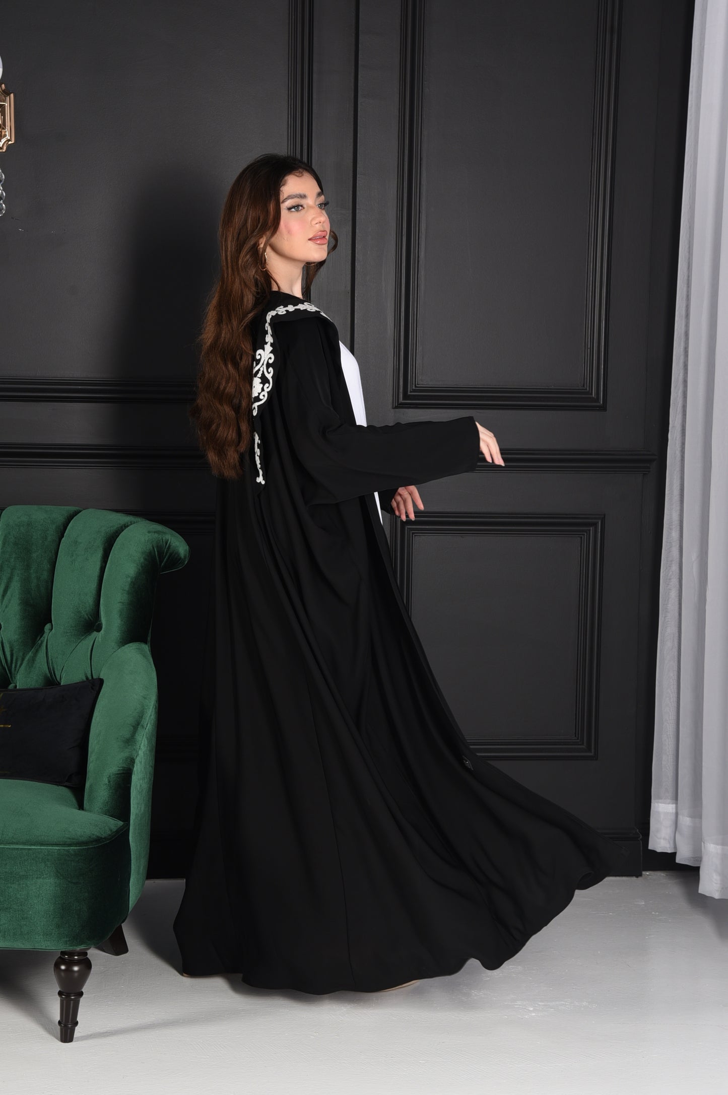 Occasion Abaya with Large Black & White Embroidered Collar