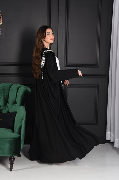 Occasion Abaya with Large Black & White Embroidered Collar