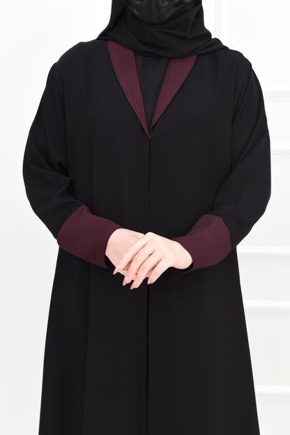 Black abaya with unique burgundy details