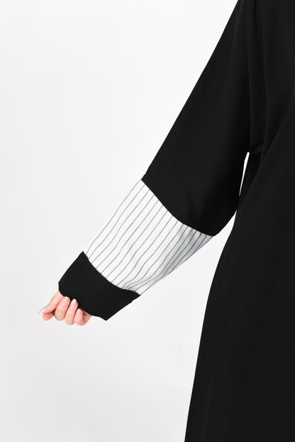 Black Abaya with Black-Striped White Detailing