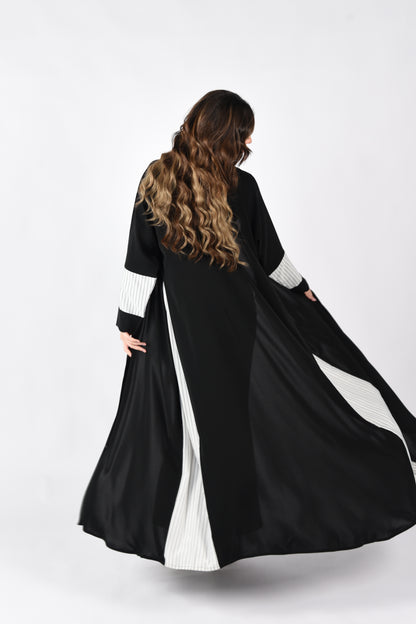 Black Abaya with Black-Striped White Detailing