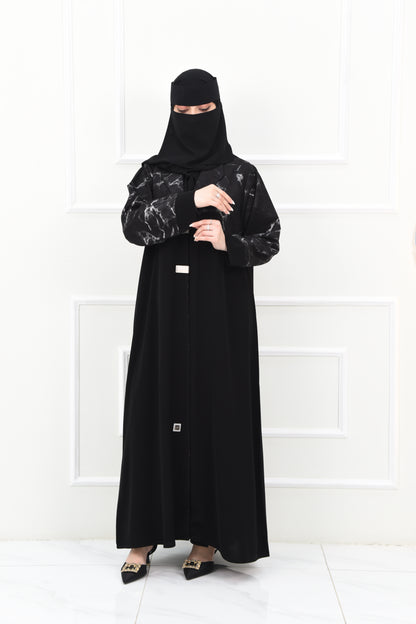 Black Marble-Patterned Abaya with Modern Metallic Clasp