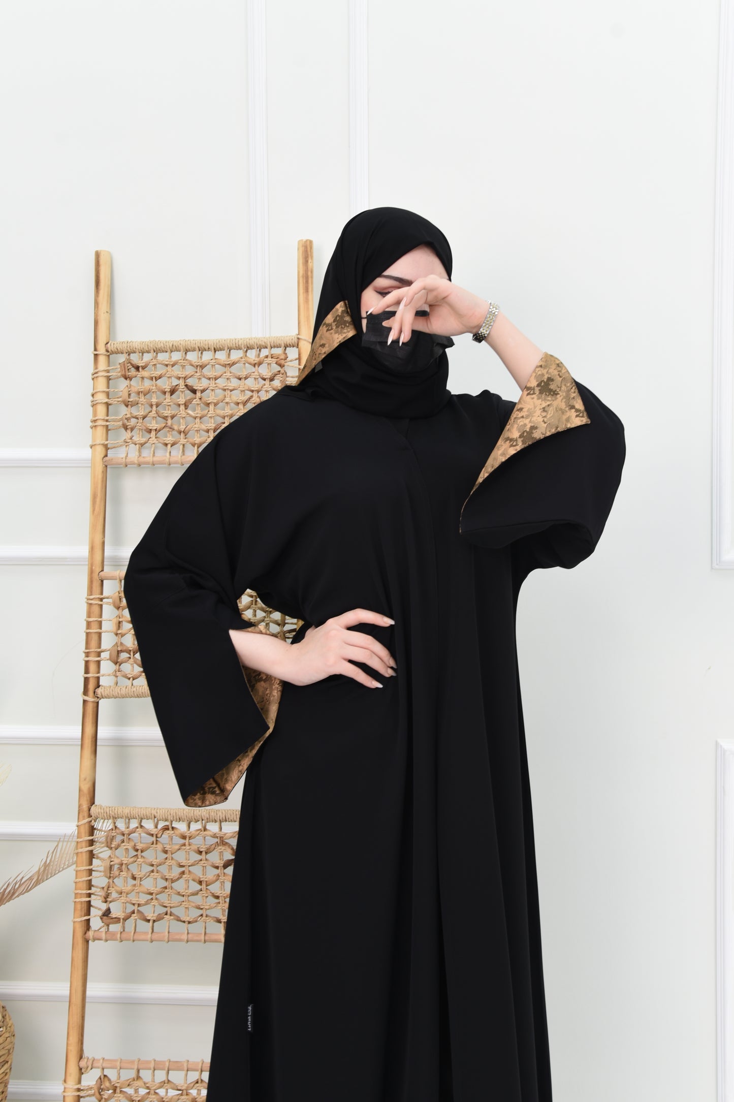 Black Abaya with Brown Jacquard-Lined Open Sleeves