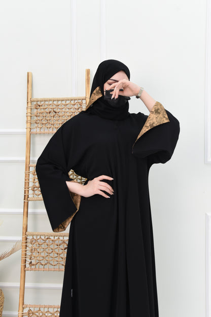 Black Abaya with Brown Jacquard-Lined Open Sleeves