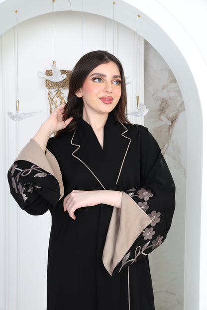 Black abaya with beige embroidery on the sleeves