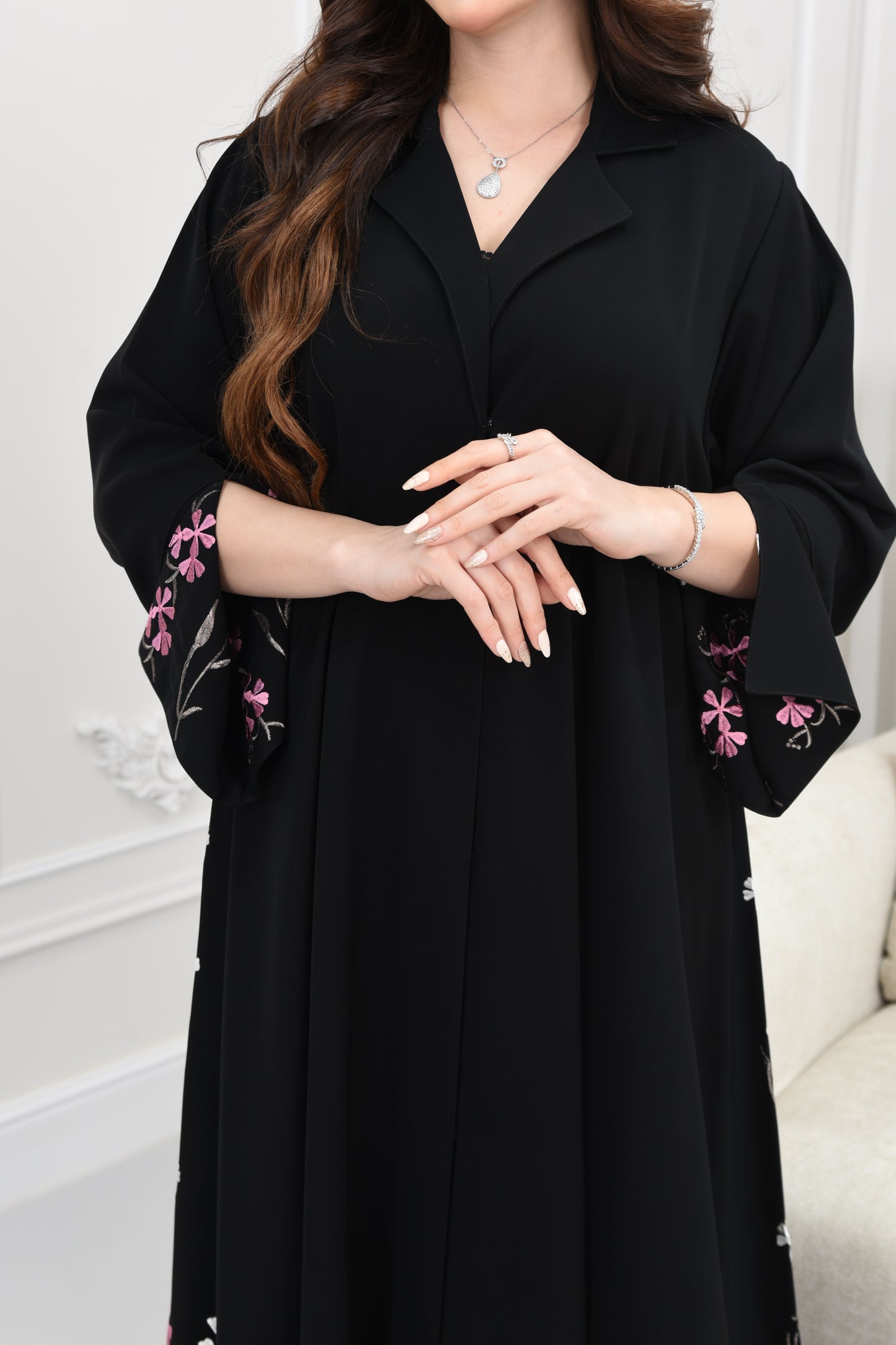Flared Abaya with Inner Sleeve and Side Floral Embroidery