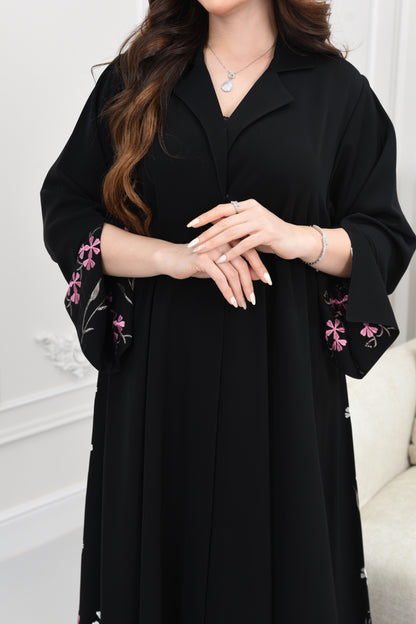 Flared Abaya with Inner Sleeve and Side Floral Embroidery