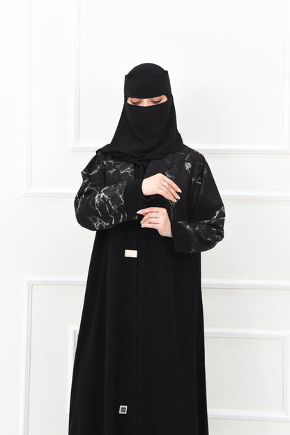 Black Marble-Patterned Abaya with Modern Metallic Clasp
