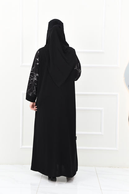 Black Marble-Patterned Abaya with Modern Metallic Clasp
