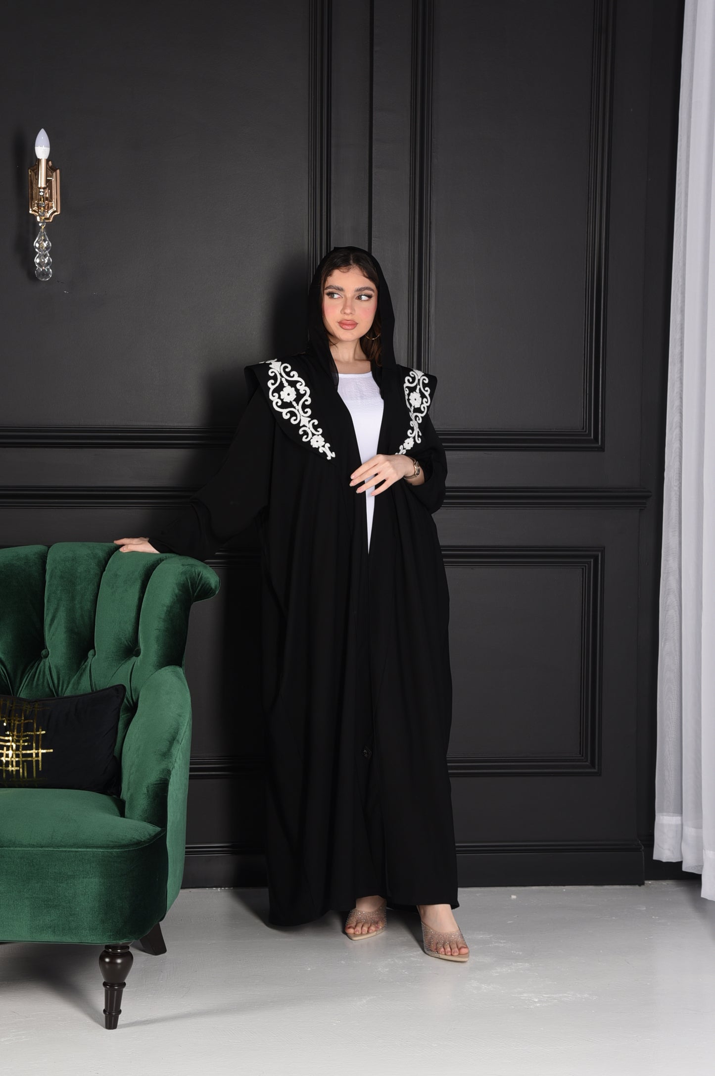 Occasion Abaya with Large Black & White Embroidered Collar