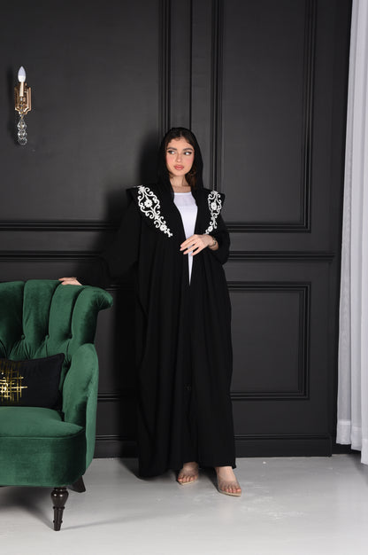 Occasion Abaya with Large Black & White Embroidered Collar
