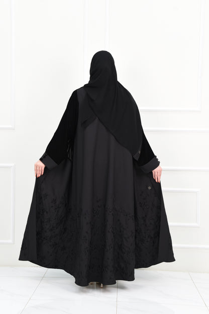 Black Abaya with Velvet Top and Embroidered Bottom