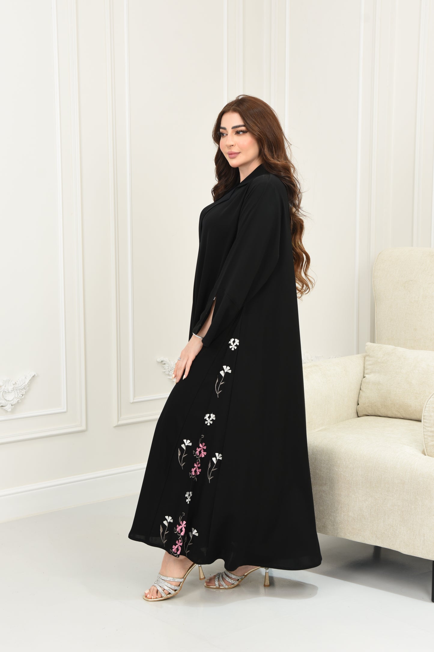 Flared Abaya with Inner Sleeve and Side Floral Embroidery