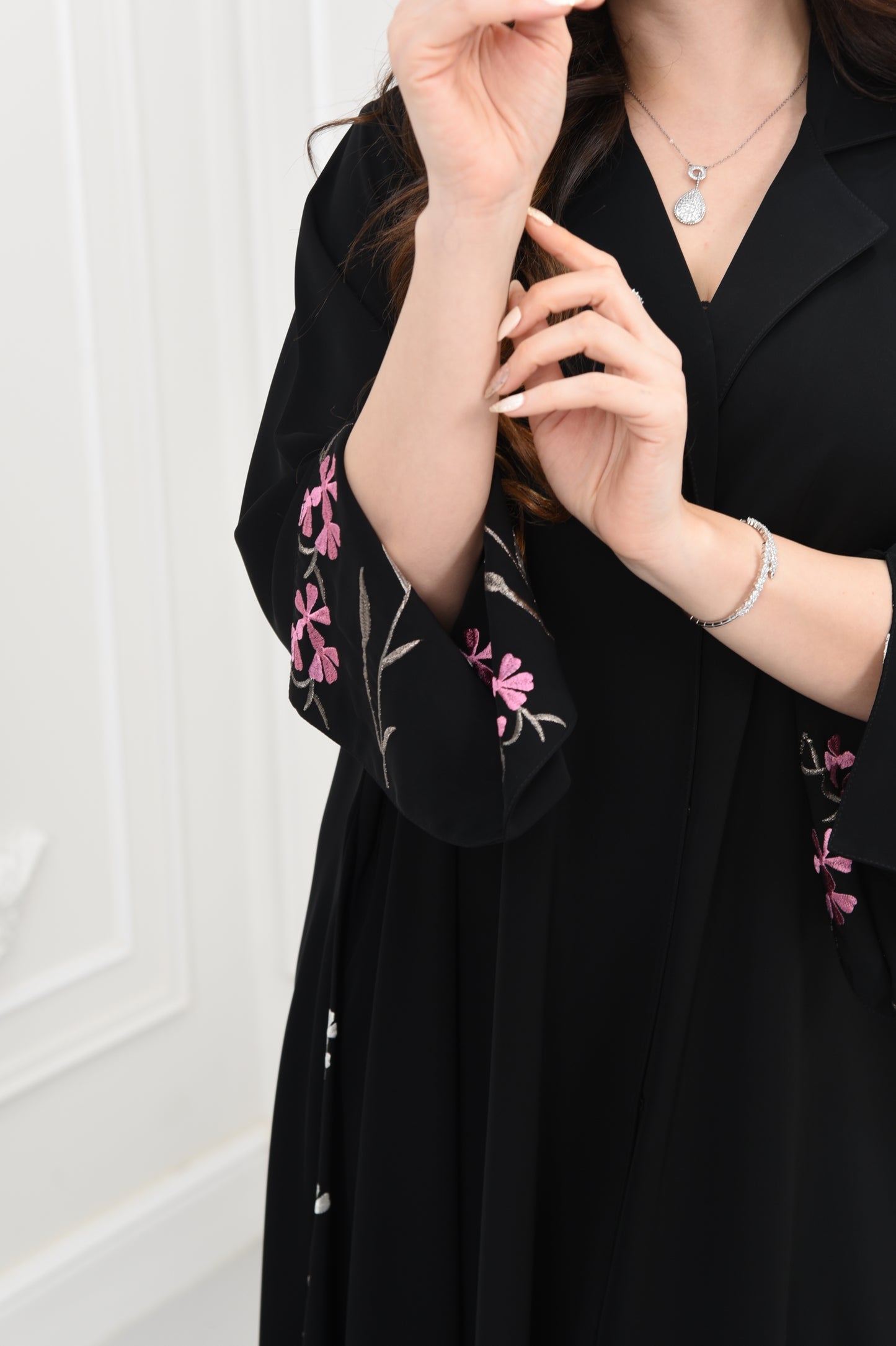 Flared Abaya with Inner Sleeve and Side Floral Embroidery